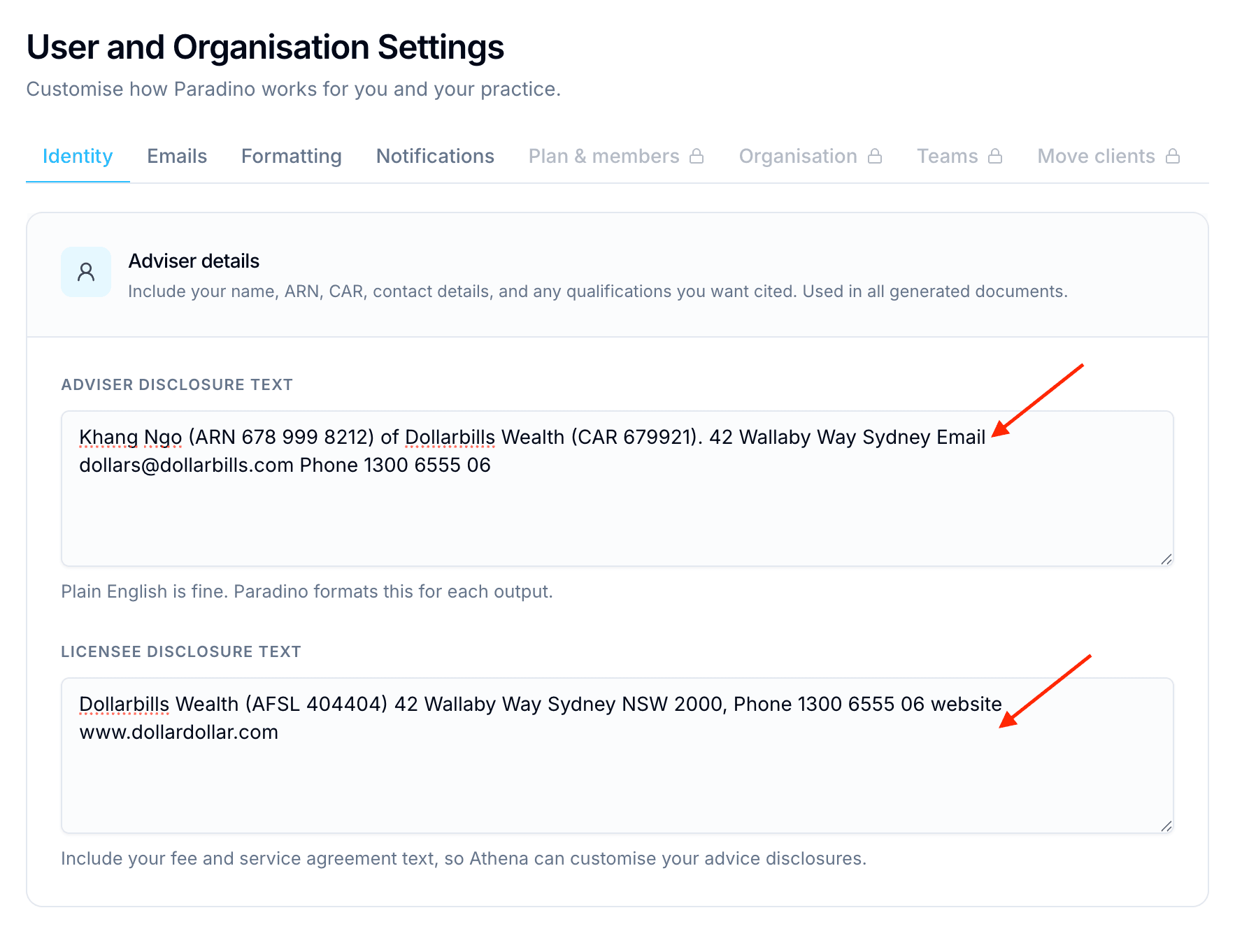 Adviser and licensee disclosure text on the Identity tab of User and Organisation Settings