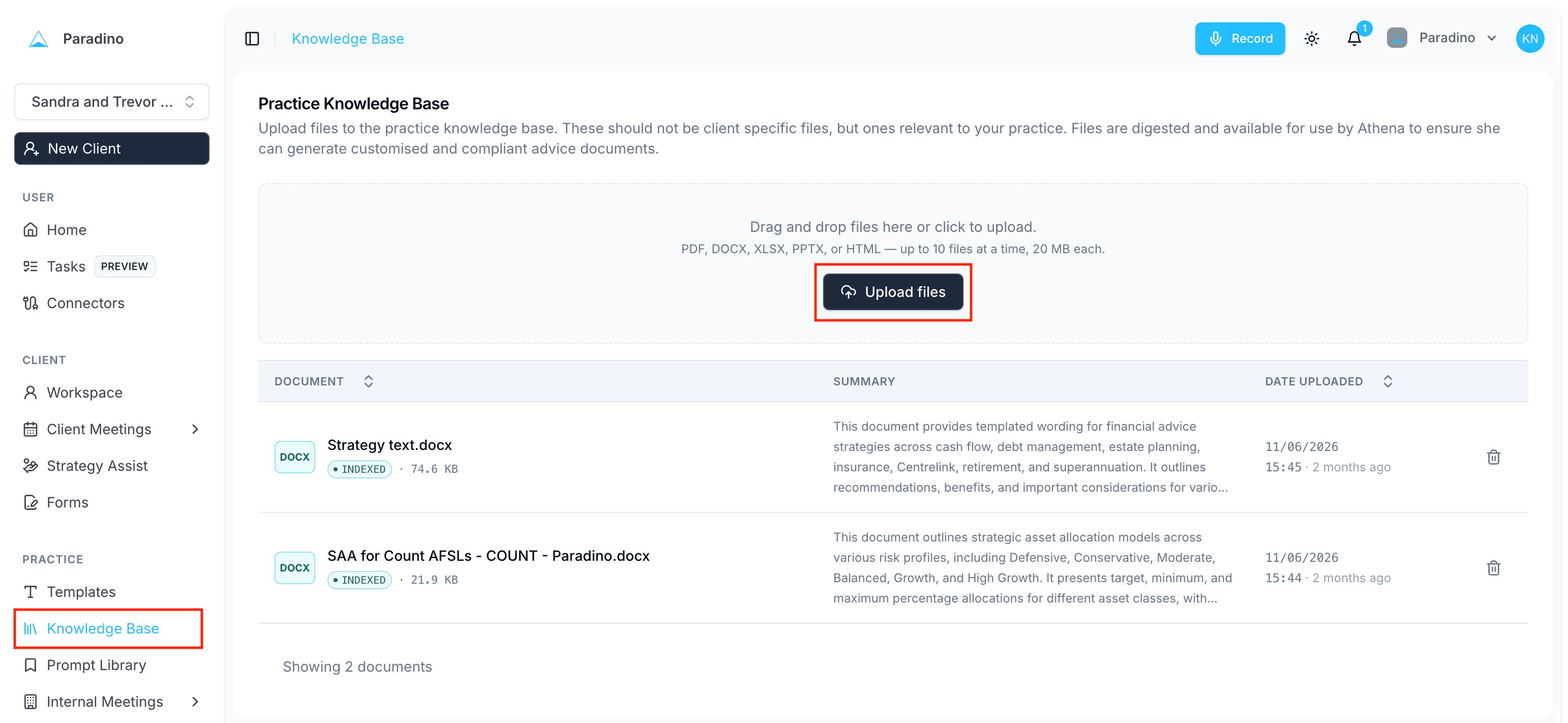 Uploading files to the Practice Knowledge Base
