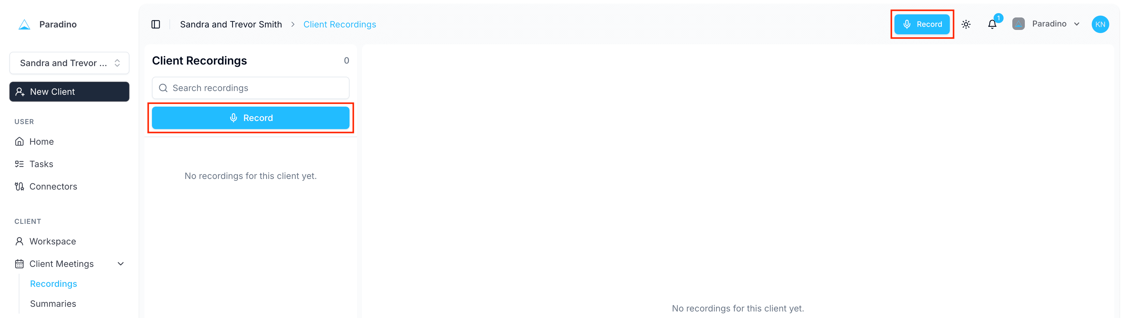 The Record button on the Client Recordings page