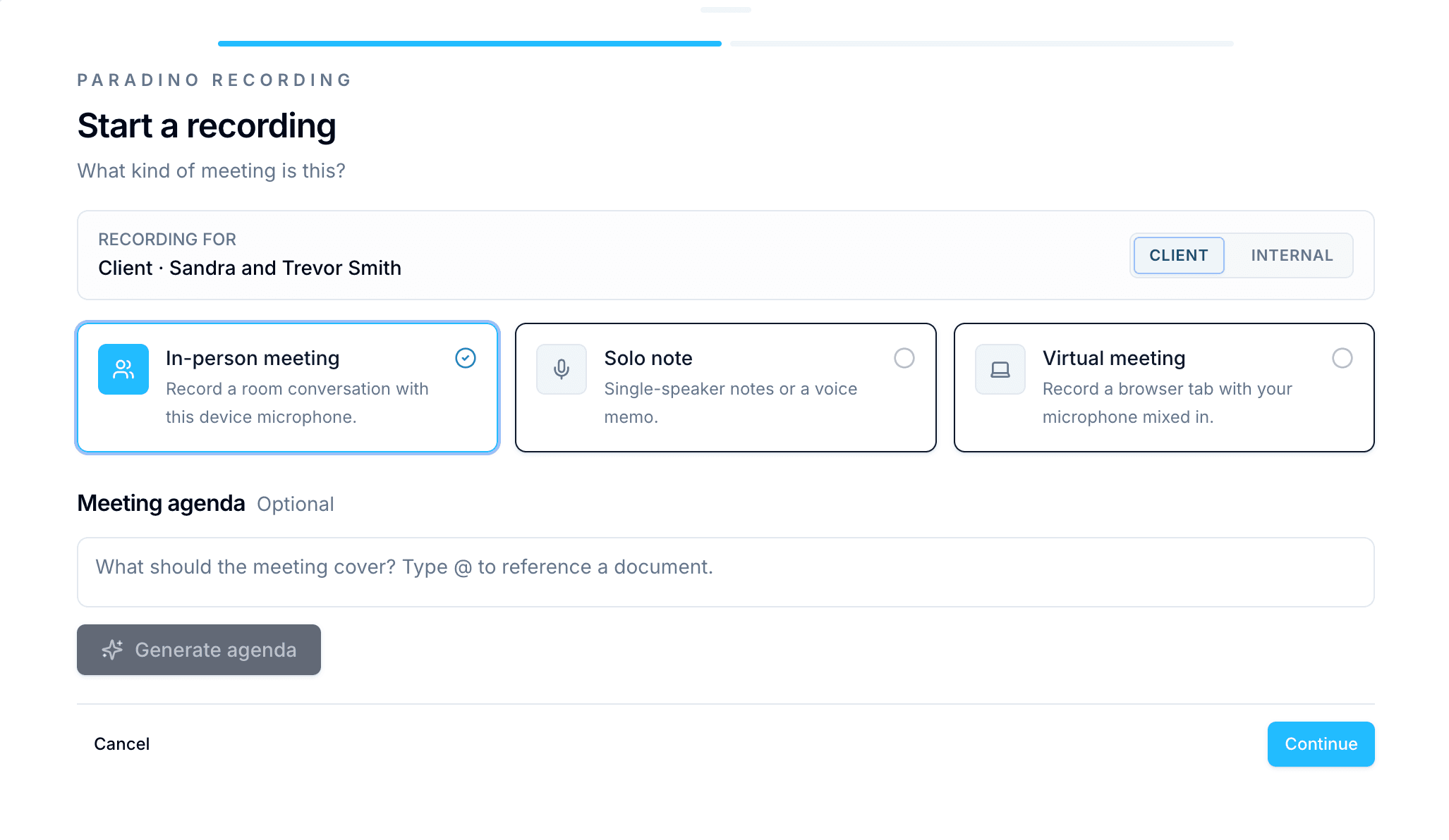 Choosing between in-person meeting, solo note and browser call
