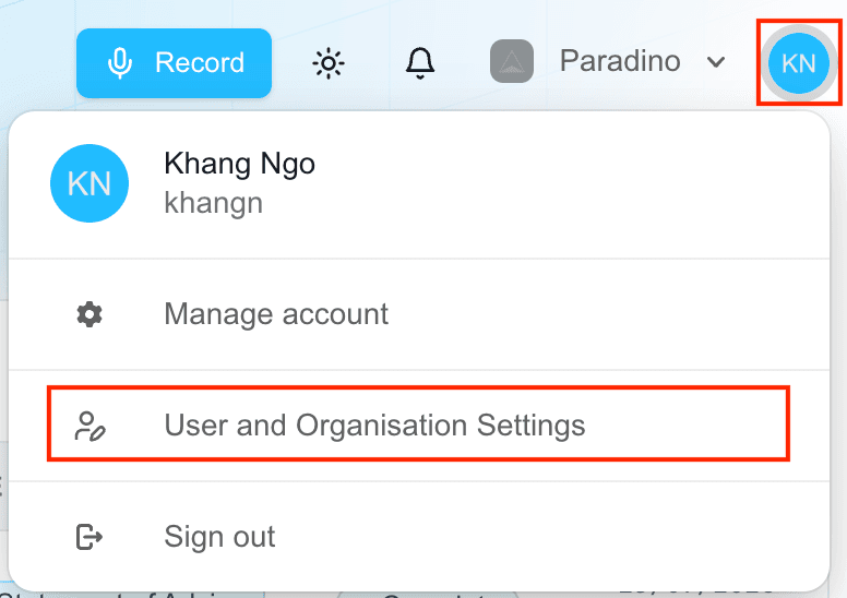 Opening User and Organisation Settings from the account menu