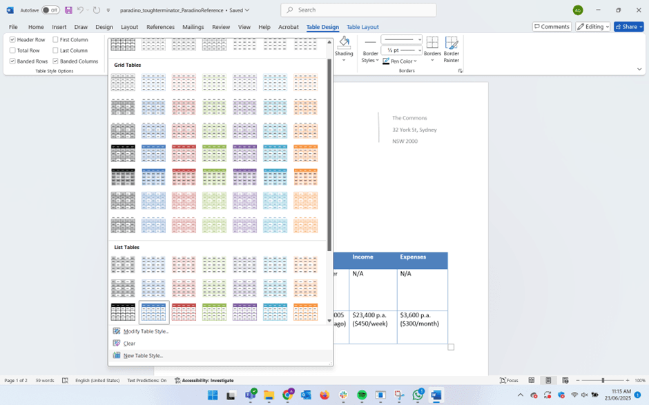 Paradino Style Guide Adding Table Design
